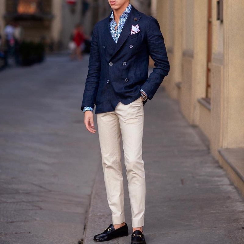 Blue Linen Blazer with Beige Pants