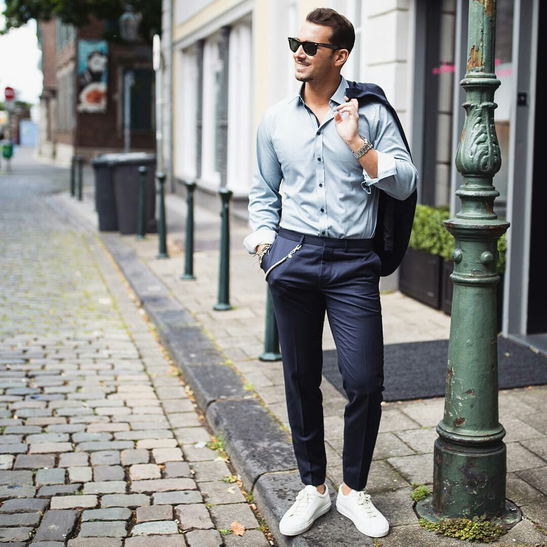 classic look with a blue shirt, grey sweater and navy pants | Mens business  casual outfits, Business casual men, Mens fashion inspiration