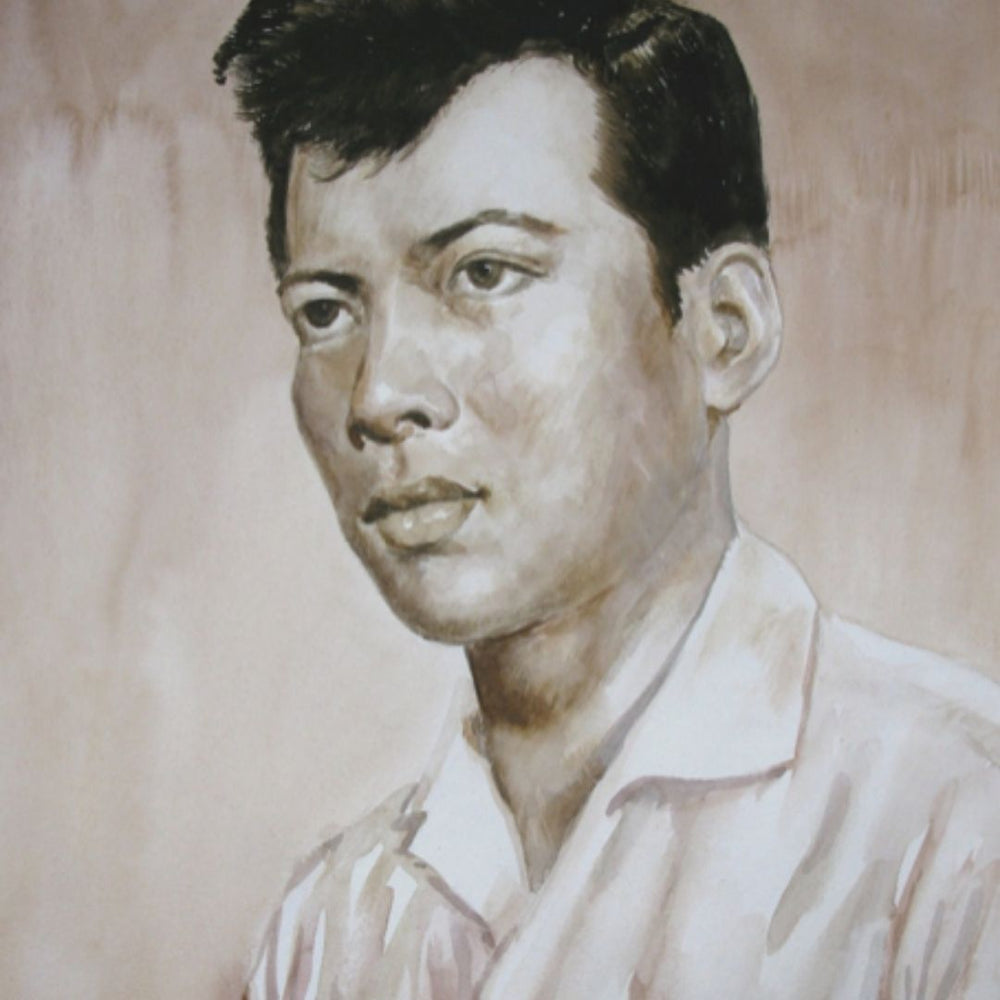 Sepia tinted watercolor portrait of a man with dark hair and dark eyes